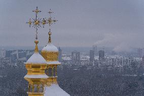 First Snow In Kyiv, Ukraine, From A Bird's Eye View