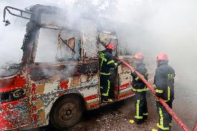 A Group Of Protesters Set Fire To A Bus - Dhaka