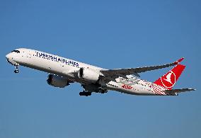 Turkish Airlines aircraft 400th taking off from Barcelona airport