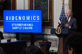 US President Joe Biden holds an event to discuss efforts to reduce costs for customers by strengthening supply chains in the eco