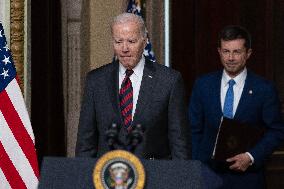 US President Joe Biden holds an event to discuss efforts to reduce costs for customers by strengthening supply chains in the eco