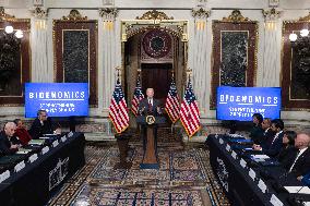 US President Joe Biden holds an event to discuss efforts to reduce costs for customers by strengthening supply chains in the eco