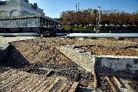 Repairing embankment at Lanzheron beach in Odesa after storm