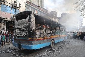 Protesters Set Fire To A Bus - Dhaka