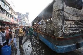 Protesters Set Fire To A Bus - Dhaka
