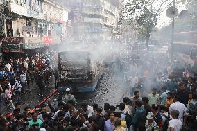 Protesters Set Fire To A Bus - Dhaka