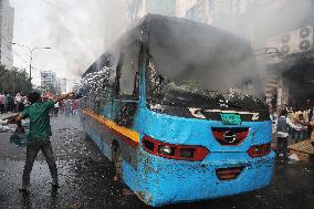 Protesters Set Fire To A Bus - Dhaka