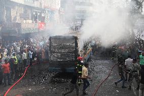 Protesters Set Fire To A Bus - Dhaka