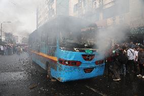 Protesters Set Fire To A Bus - Dhaka