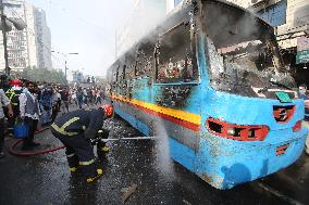 Protesters Set Fire To A Bus - Dhaka