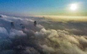 High-rise Buildings Shrouded in Mist