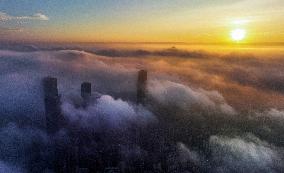 High-rise Buildings Shrouded in Mist