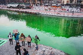 The Water Of The Darsena Colored Green By The Activists Of Extinction Rebellion In Milan