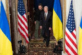President Joe Biden and President Volodymyr Zelenskyy of Ukraine participate in a news conference