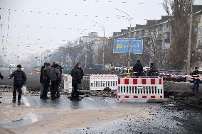 Aftermath of Russian ballistic missile attack on Kyiv