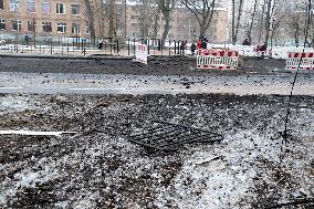 Aftermath of Russian ballistic missile attack on Kyiv