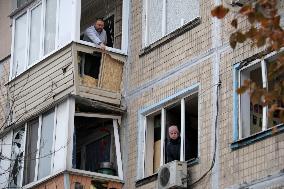 Aftermath of Russian ballistic missile attack on Kyiv