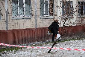 Aftermath of Russian ballistic missile attack on Kyiv