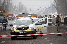 Aftermath of Russian ballistic missile attack on Kyiv