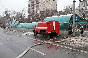 Aftermath of Russian ballistic missile attack on Kyiv