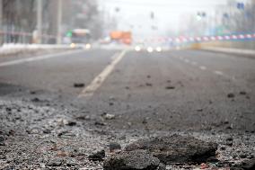 Aftermath of Russian ballistic missile attack on Kyiv