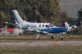 Daher TBM-960 electric hybrid aircraft landing at Toulouse airport