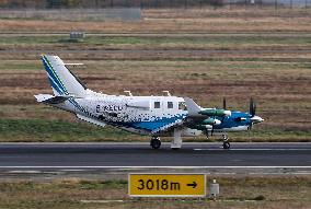 Daher TBM-960 electric hybrid aircraft landing at Toulouse airport