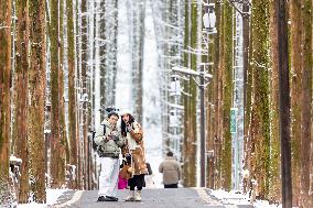 Tourists Enjoy The Snow at the Karst Ecological Park
