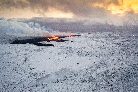 Drone View Of The Volcano Erupting On Iceland's Reykjanes Peninsula