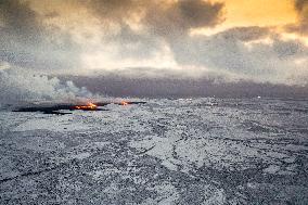 Drone View Of The Volcano Erupting On Iceland's Reykjanes Peninsula