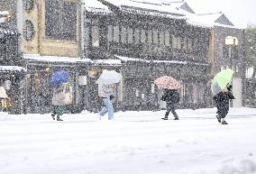 Snow-covered geisha district in central Japan