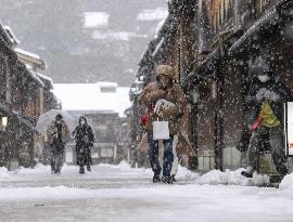 Snow-covered geisha district in central Japan