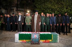 Khamenei Praying Next To The Coffin Of The IRGC General Moussav - Tehran