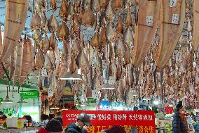 Preserved Products Hang in a Market in Shanghai