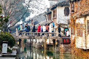 Tourists Visit Zhouzhuang Ancient Town in Suzhou