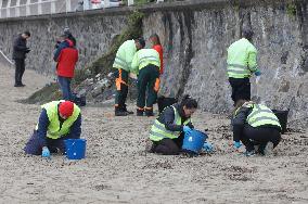 Workers collect plastic pellets on the beach - Spain