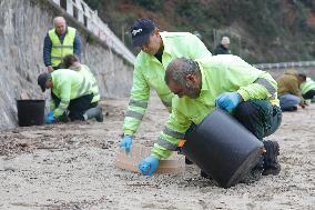 Workers collect plastic pellets on the beach - Spain