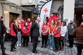 King Philippe Visits The Red Cross Train Hostel Winter Shelter - Brussels