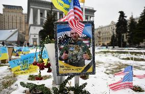 Flags With Names Of Fallen Soldiers In Kyiv, Amid Russia's Invasion Of Ukraine.