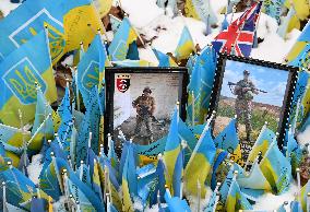 Flags With Names Of Fallen Soldiers In Kyiv, Amid Russia's Invasion Of Ukraine.