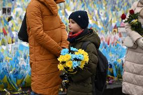 Flags With Names Of Fallen Soldiers In Kyiv, Amid Russia's Invasion Of Ukraine.