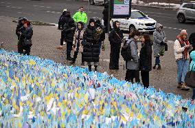 Flags With Names Of Fallen Soldiers In Kyiv, Amid Russia's Invasion Of Ukraine.