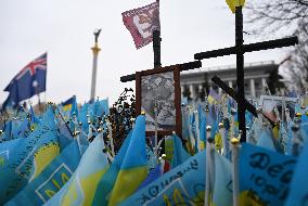 Flags With Names Of Fallen Soldiers In Kyiv, Amid Russia's Invasion Of Ukraine.