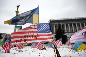 Flags With Names Of Fallen Soldiers In Kyiv, Amid Russia's Invasion Of Ukraine.