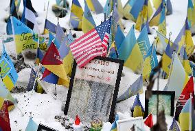 Flags With Names Of Fallen Soldiers In Kyiv, Amid Russia's Invasion Of Ukraine.