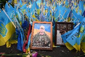 Flags With Names Of Fallen Soldiers In Kyiv, Amid Russia's Invasion Of Ukraine.