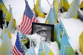 Flags With Names Of Fallen Soldiers In Kyiv, Amid Russia's Invasion Of Ukraine.