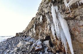 Ice Stalactites On The Cliffs Of Cap Blanc Nez - France