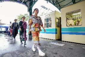 Fashion show at train platform