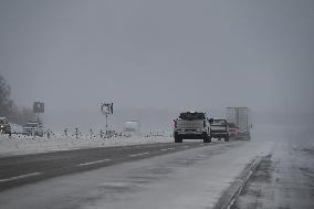 Blizzard Conditions On The Highway In Iowa